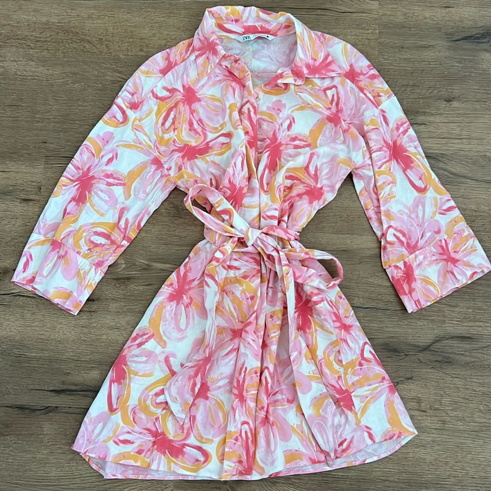 Zara Pink and Yellow Floral Midi Dress